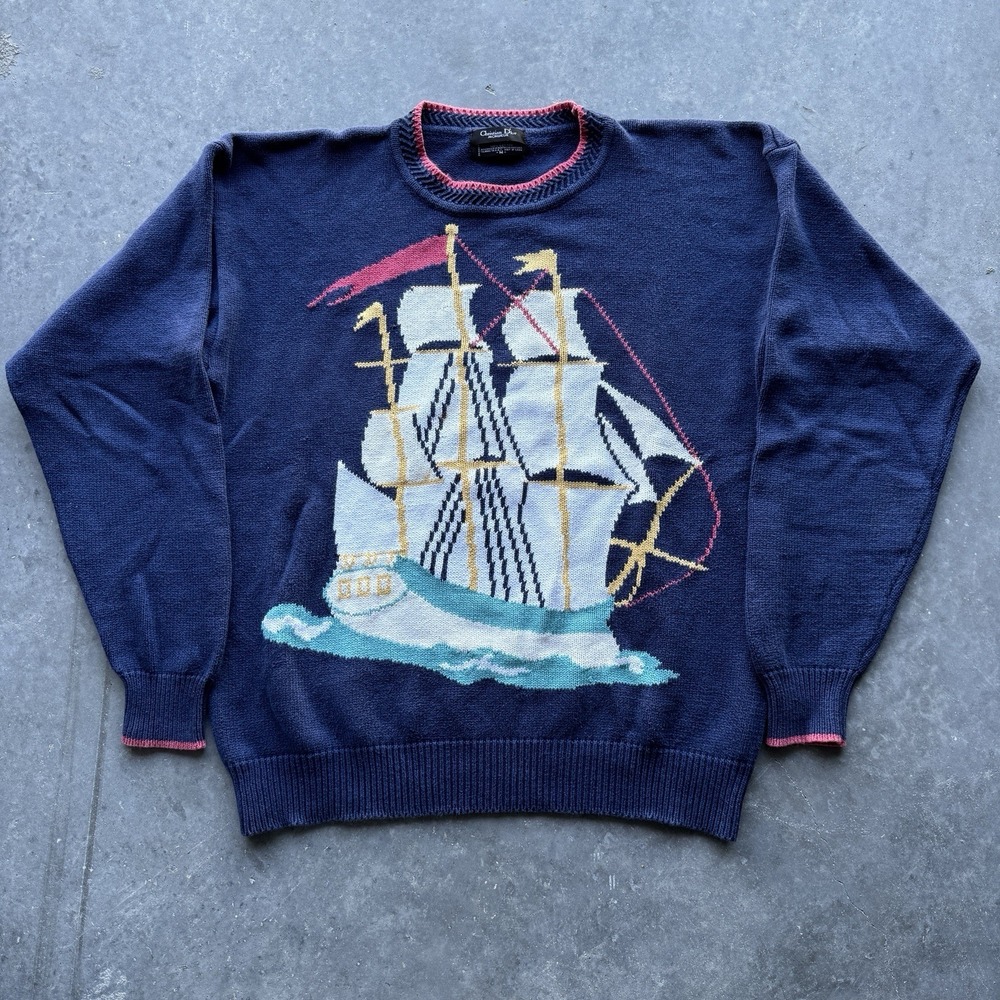 Vintage Christian Dior Nautical Sailing Ship  Sweater Size medium